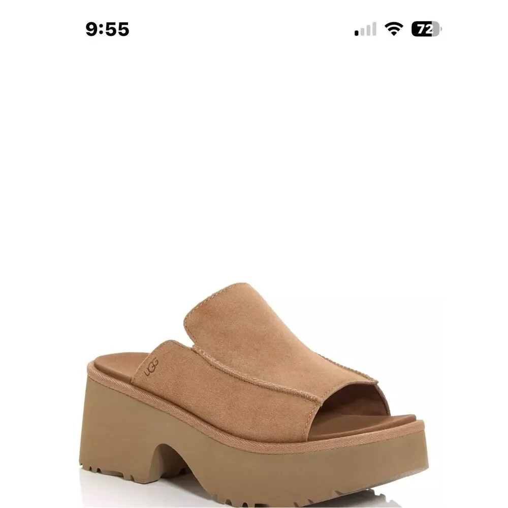UGG Suede Platform Slide Sandals Camel Tan Square Toe Wedge Slides Sz 9